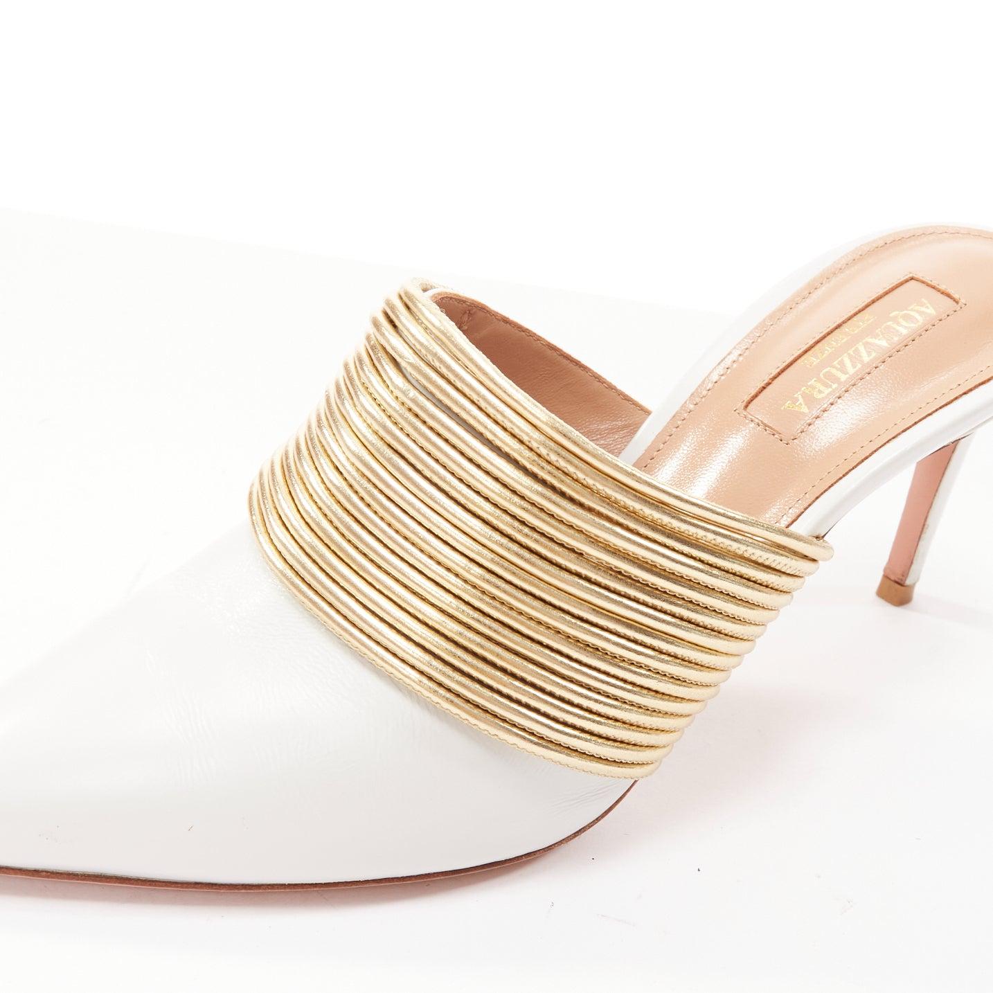 AQUAZZURA Rendez Vous 75 white leather gold coil mule pumps EU36 For Sale 2