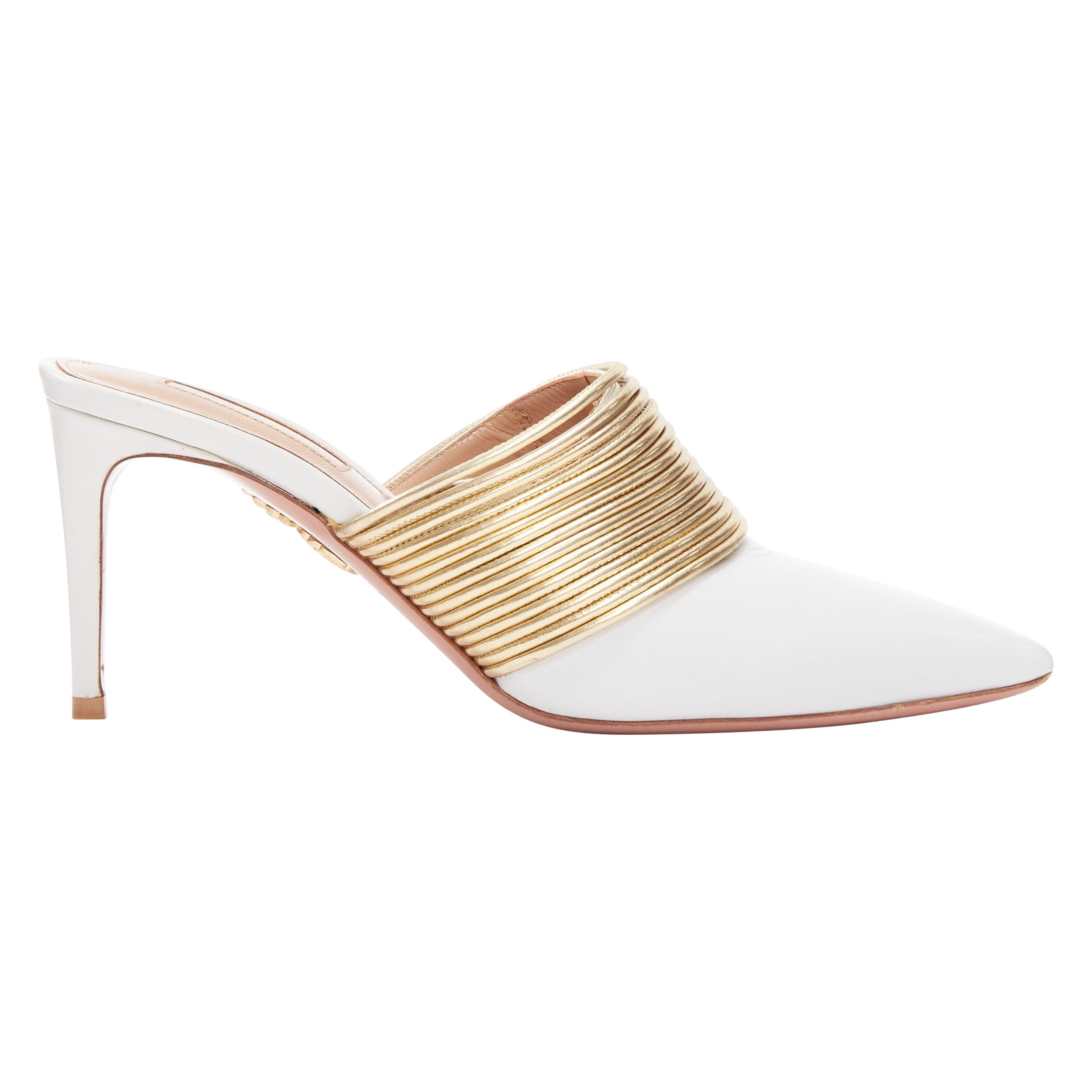 Aquazzura Rendez Vous 75 in pelle bianca con bobina d'oro, decolletè EU36 in vendita