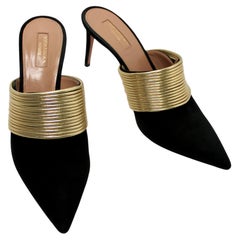 Aquazzura Rendez Vous Black Suede & Gold-Metallic Leather Mules