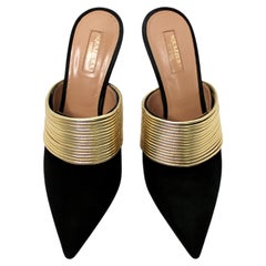 Aquazzura Rendez Vous Black Suede & Gold-Metallic Leather Mules