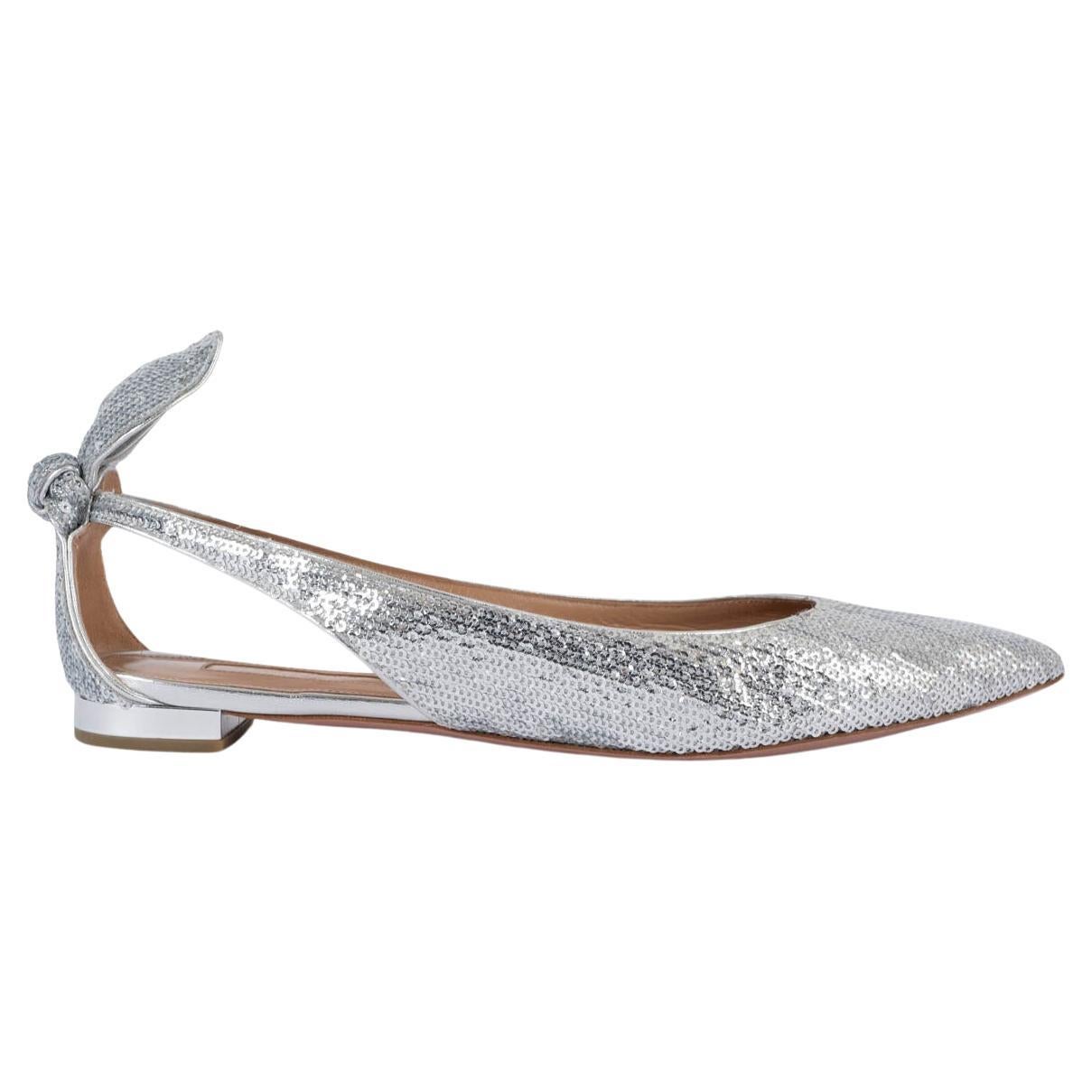 AQUAZZURA silver BOW TIE SEQUIN EMBELLISHED Flats Shoes 39 For Sale