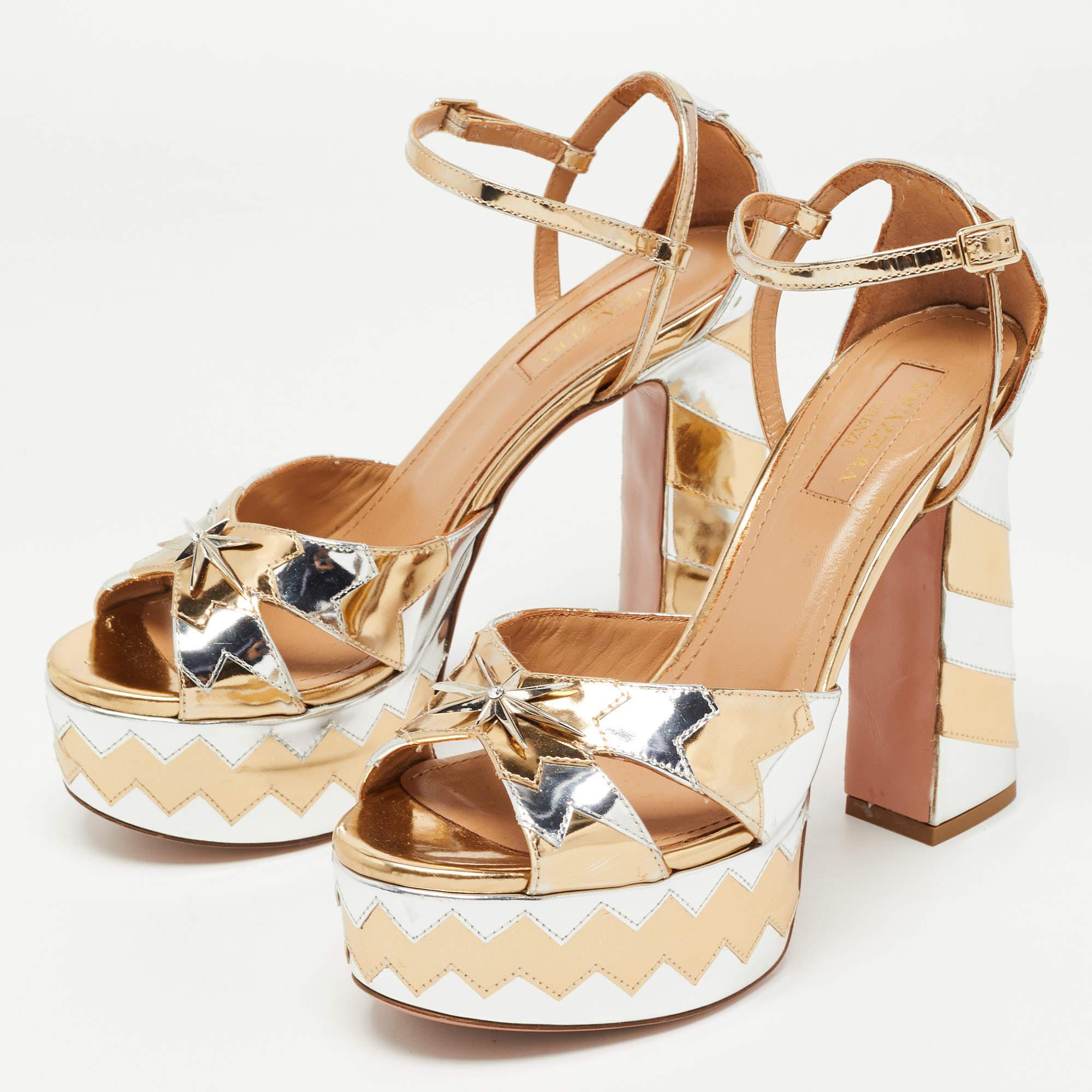 Women's Aquazzura Silver/Gold Zigzag Leather Ankle Strap Platform Sandals Size 36