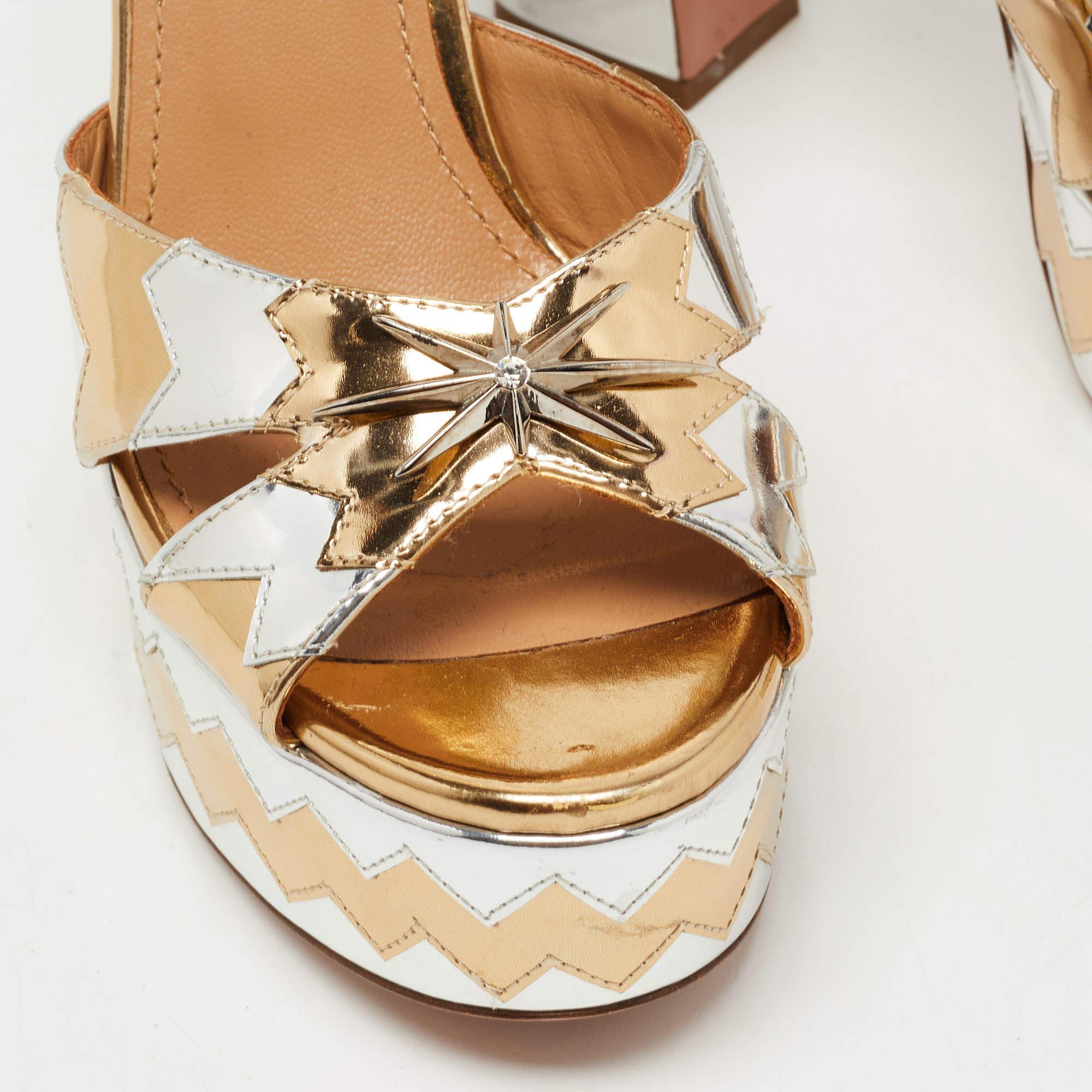 Aquazzura Silver/Gold Zigzag Leather Ankle Strap Platform Sandals Size 36 3