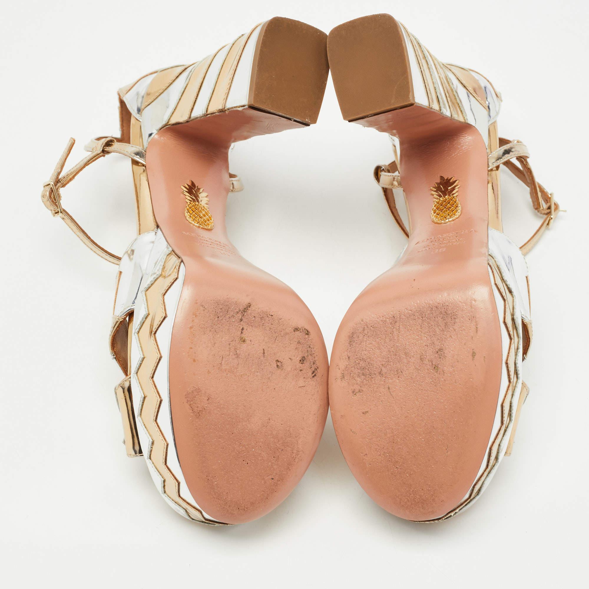 Aquazzura Silver/Gold Zigzag Leather Ankle Strap Platform Sandals Size 36 4
