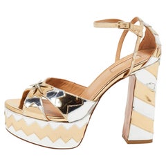 Aquazzura Silver/Gold Zigzag Leather Ankle Strap Platform Sandals Size 36