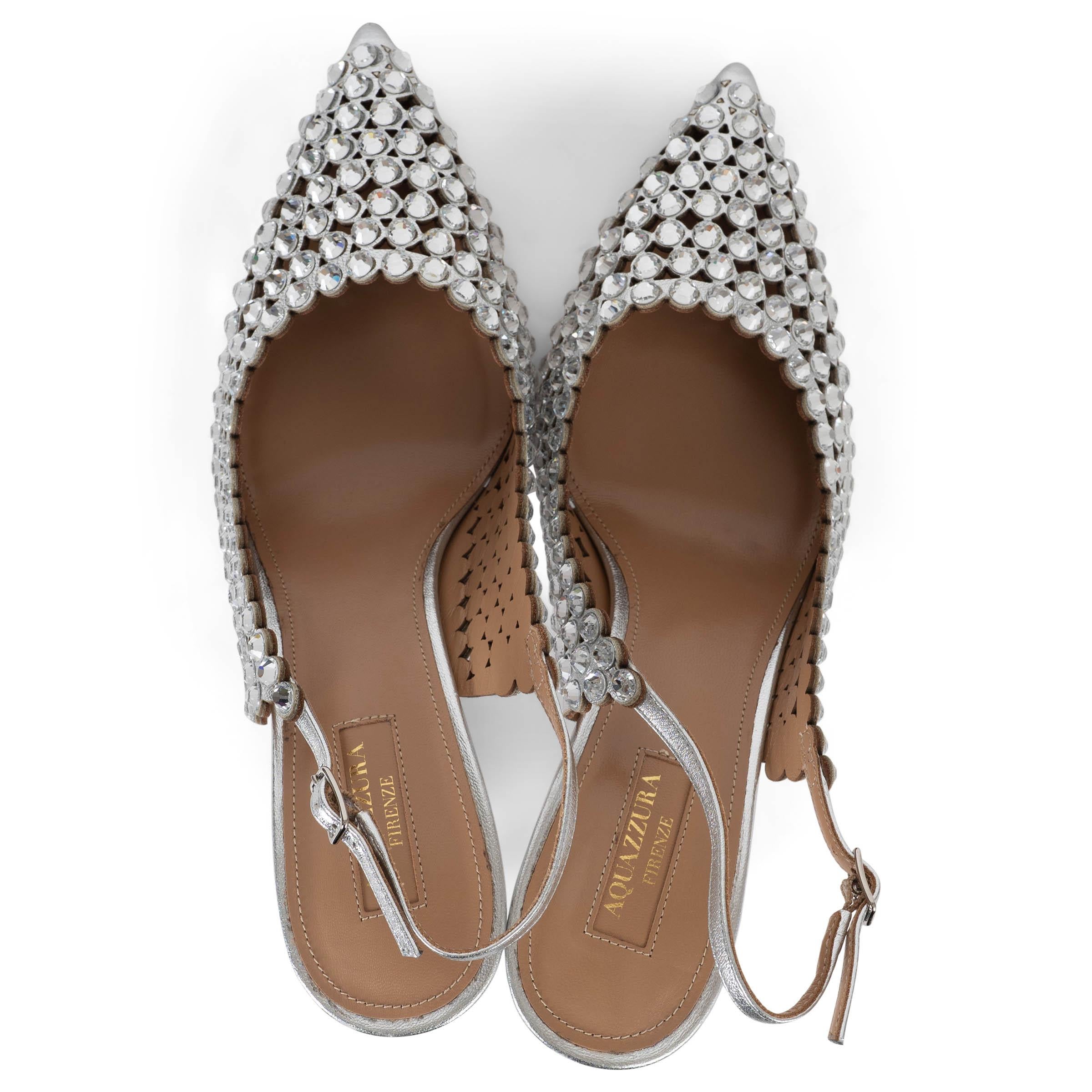 Donna Aquazzura pelle argento 2020 TEQUILA CRYSTAL SLINGBACKS Scarpe 38.5 in vendita
