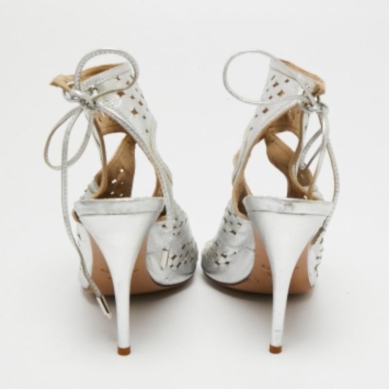 Women's Aquazzura Silver Leather Laser Cut Sexy Thing Ankle Tie Sandals Size 39