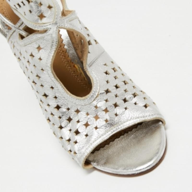 Aquazzura Silver Leather Laser Cut Sexy Thing Ankle Tie Sandals Size 39 1