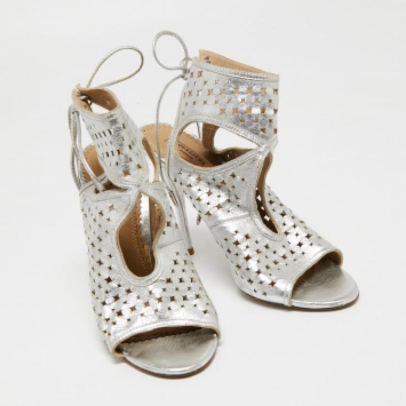 Aquazzura Silver Leather Laser Cut Sexy Thing Ankle Tie Sandals Size 39 2