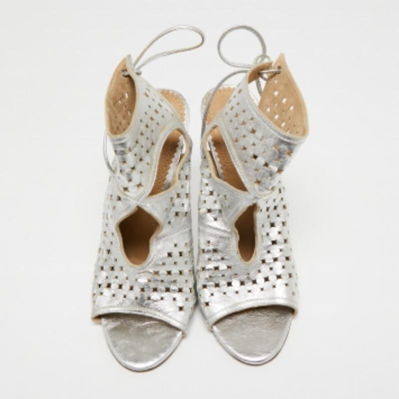 Aquazzura Silver Leather Laser Cut Sexy Thing Ankle Tie Sandals Size 39 3