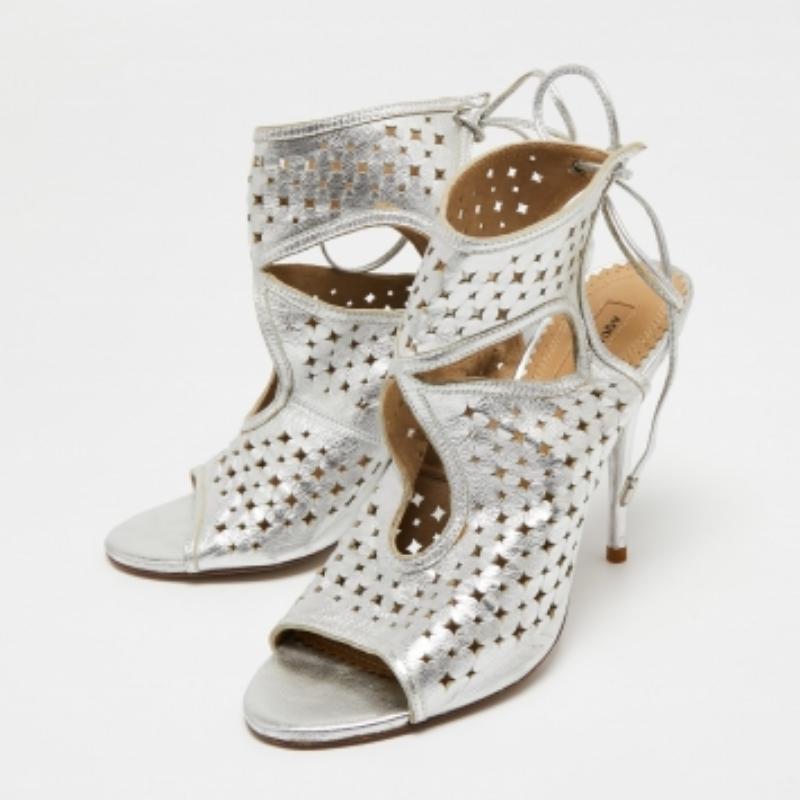 Aquazzura Silver Leather Laser Cut Sexy Thing Ankle Tie Sandals Size 39 4