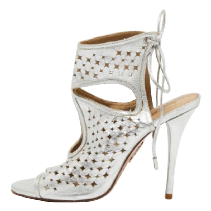 Aquazzura Silver Leather Laser Cut Sexy Thing Ankle Tie Sandals Size 39