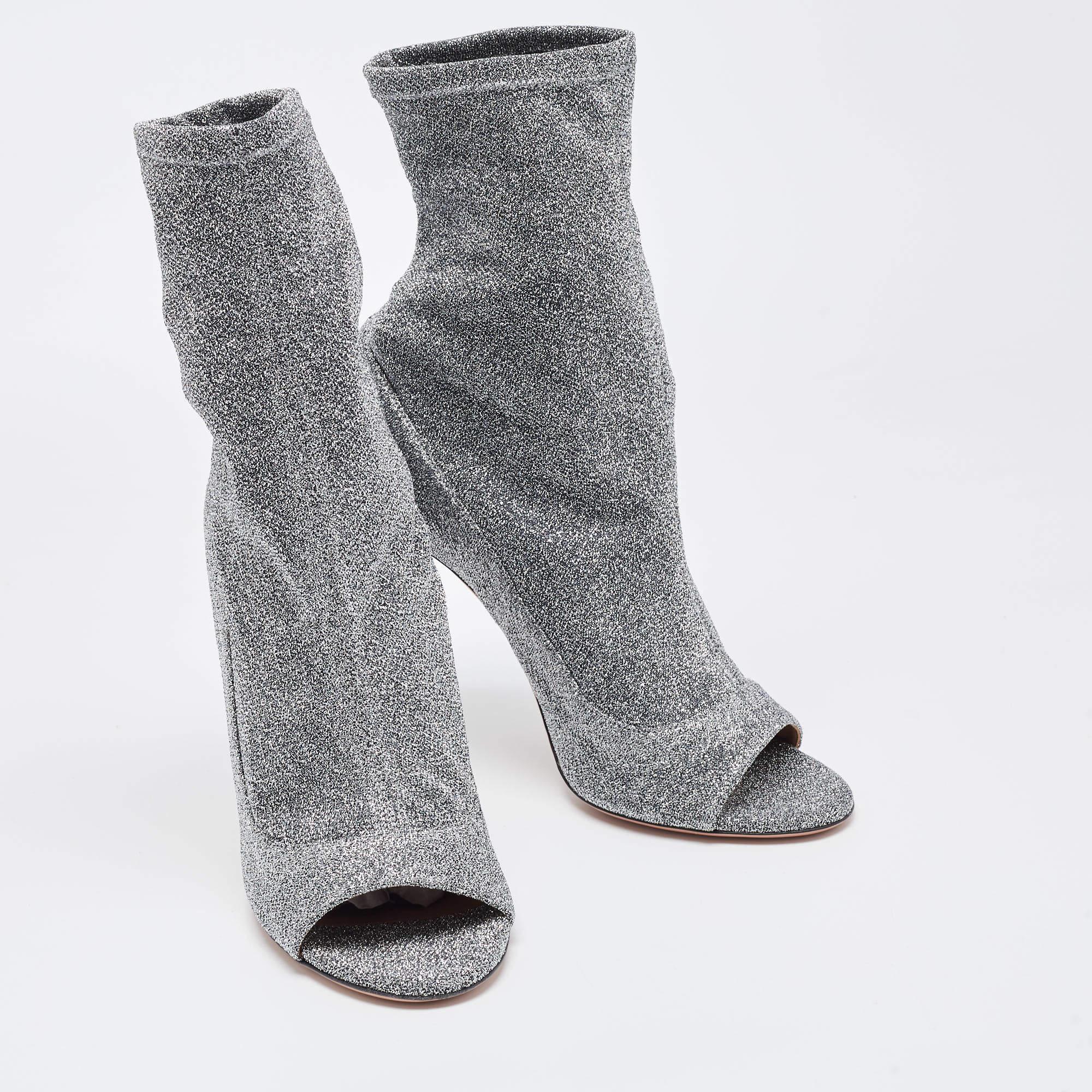 Aquazzura Silver Lurex Fabric Eclair Peep Toe Ankle Boots Size 40 In Excellent Condition In Dubai, Al Qouz 2