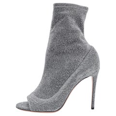 Aquazzura Silver Lurex Fabric Eclair Peep Toe Ankle Boots Size 40
