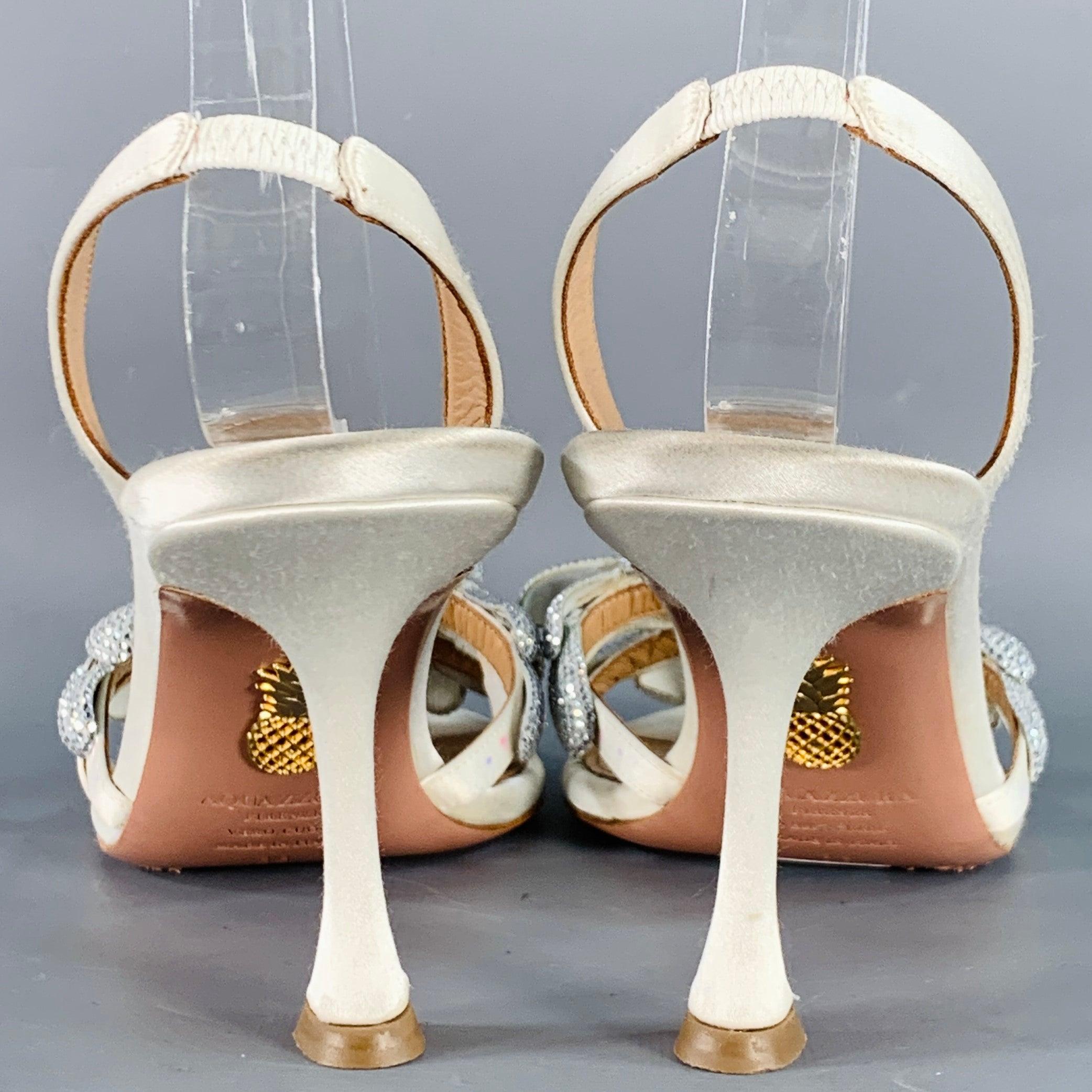AQUAZZURA Size 8 Silver Silk Floral Rhinestone Embellishment Slingback Sandals In Good Condition For Sale In San Francisco, CA