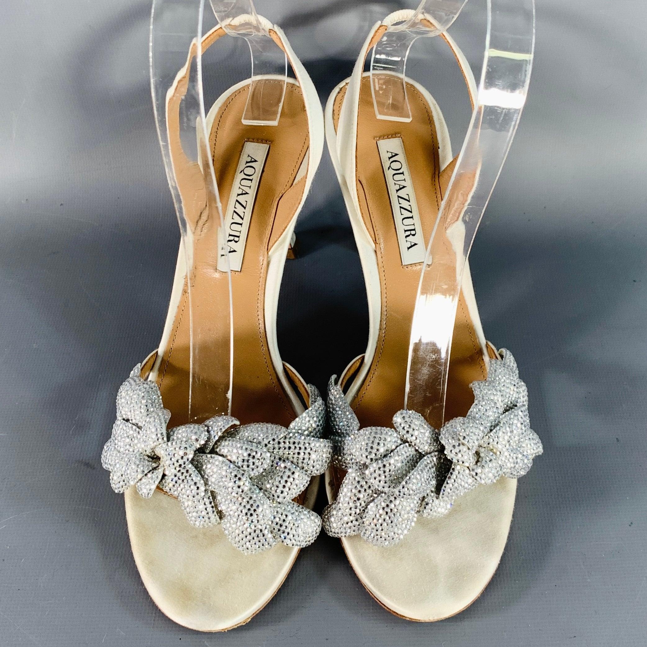 Women's AQUAZZURA Size 8 Silver Silk Floral Rhinestone Embellishment Slingback Sandals For Sale