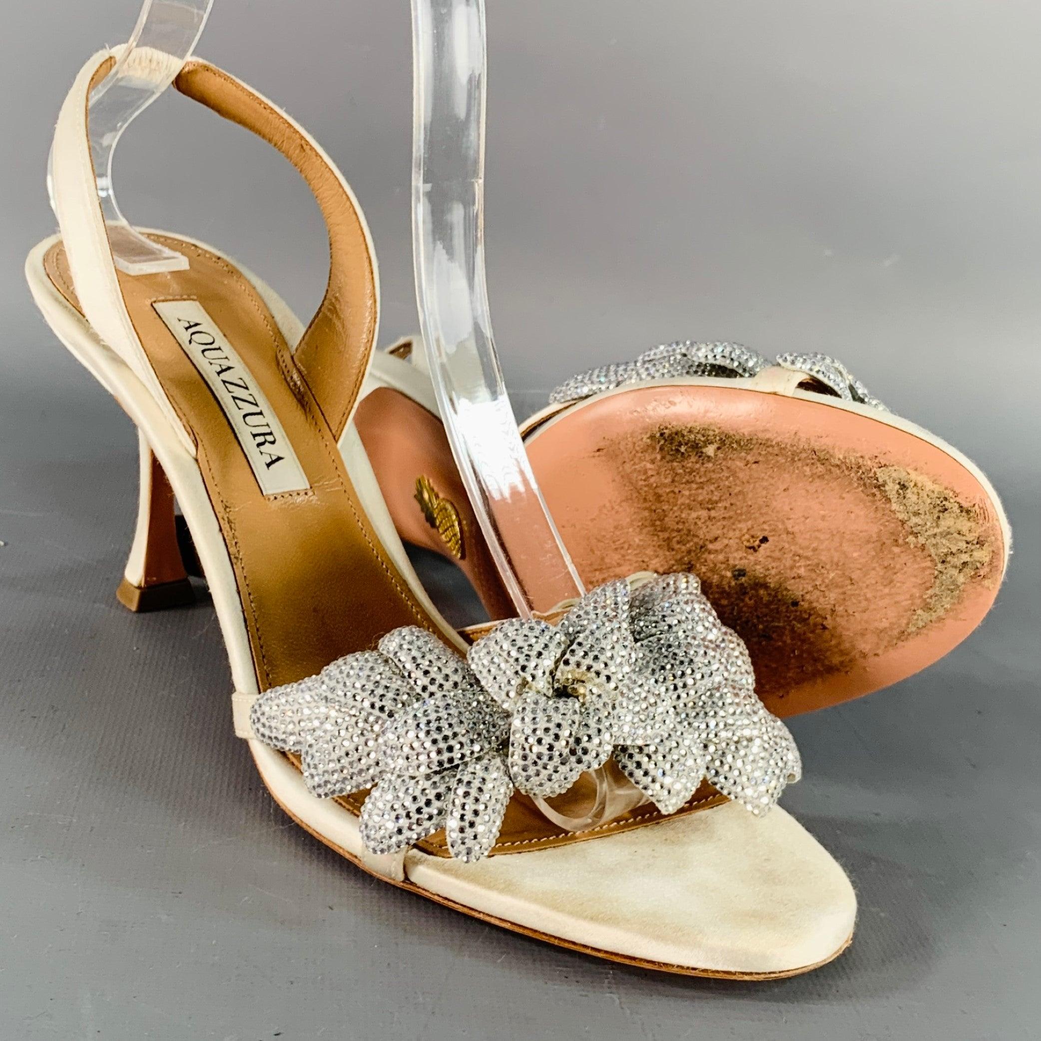 AQUAZZURA Size 8 Silver Silk Floral Rhinestone Embellishment Slingback Sandals For Sale 1