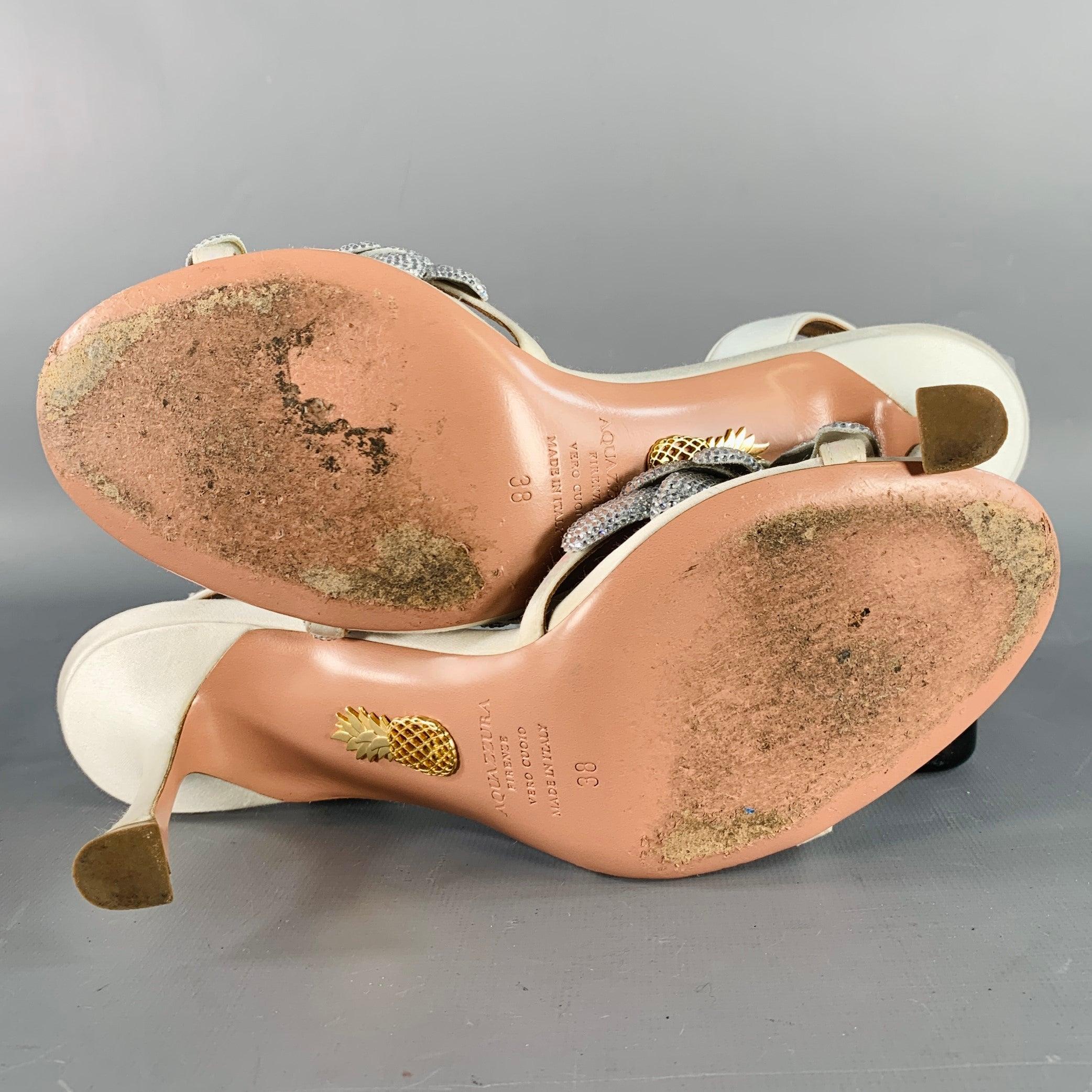AQUAZZURA Size 8 Silver Silk Floral Rhinestone Embellishment Slingback Sandals For Sale 2
