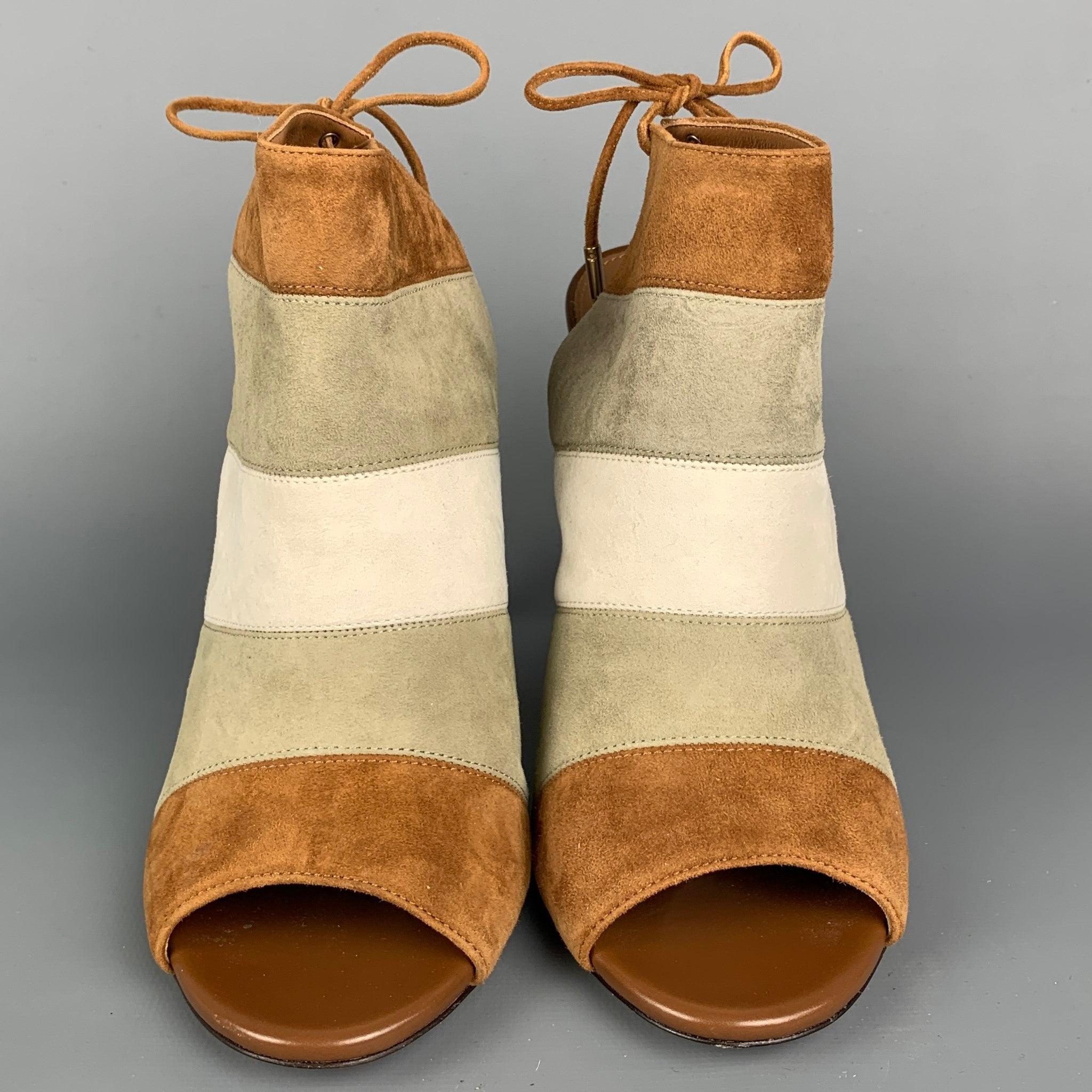Women's AQUAZZURA Size 8.5 Grey & Tan Color Block Suede Open Toe Boots For Sale