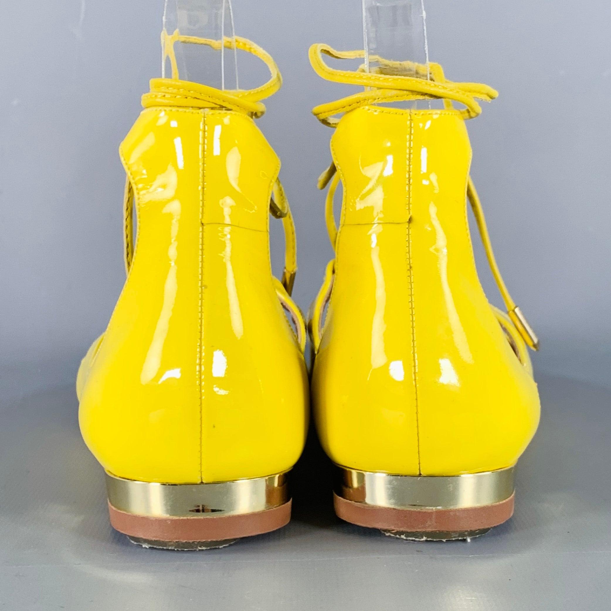 AQUAZZURA Size 9.5 Yellow Patent Leather Laced Pointed Toe Flats In Good Condition For Sale In San Francisco, CA
