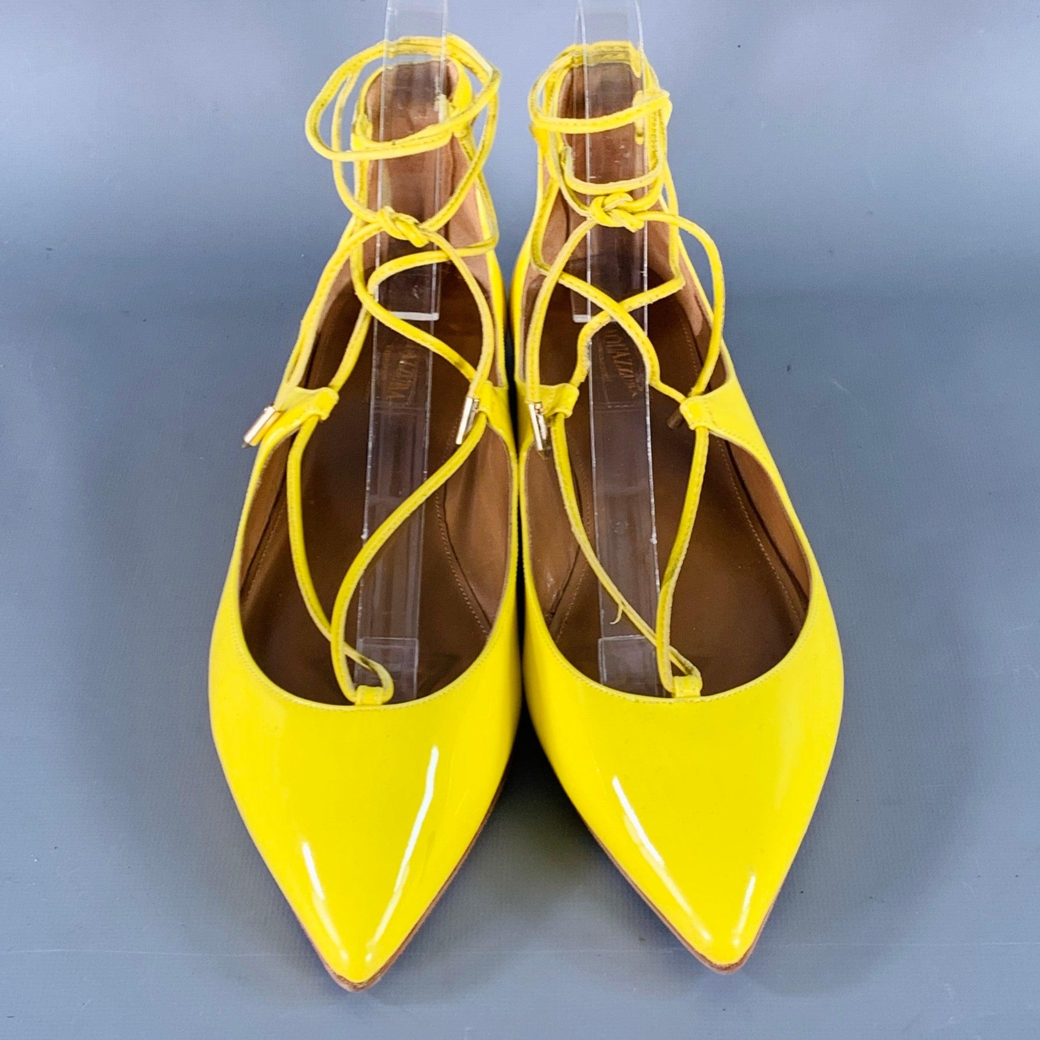 Women's AQUAZZURA Size 9.5 Yellow Patent Leather Laced Pointed Toe Flats For Sale