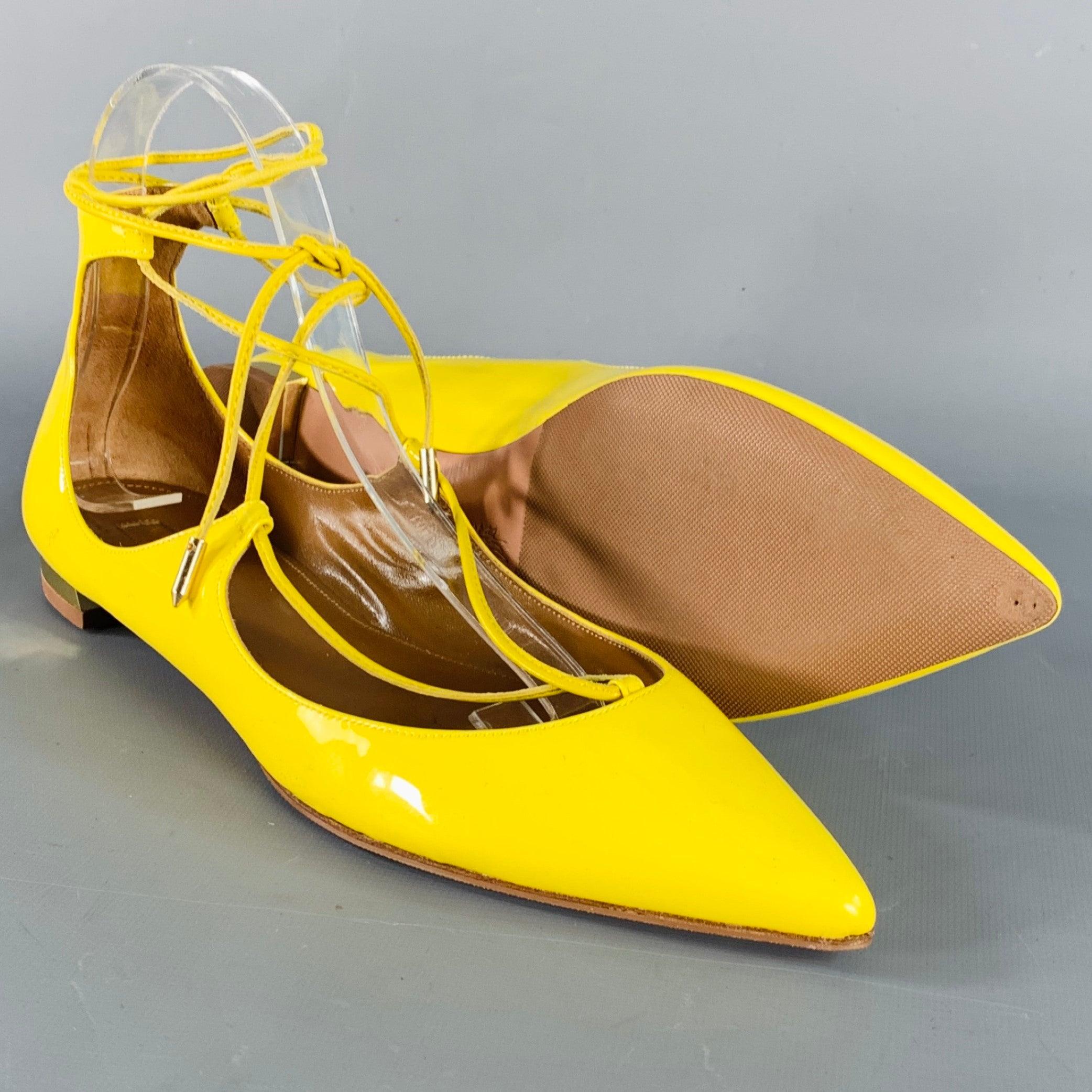 AQUAZZURA Size 9.5 Yellow Patent Leather Laced Pointed Toe Flats For Sale 1