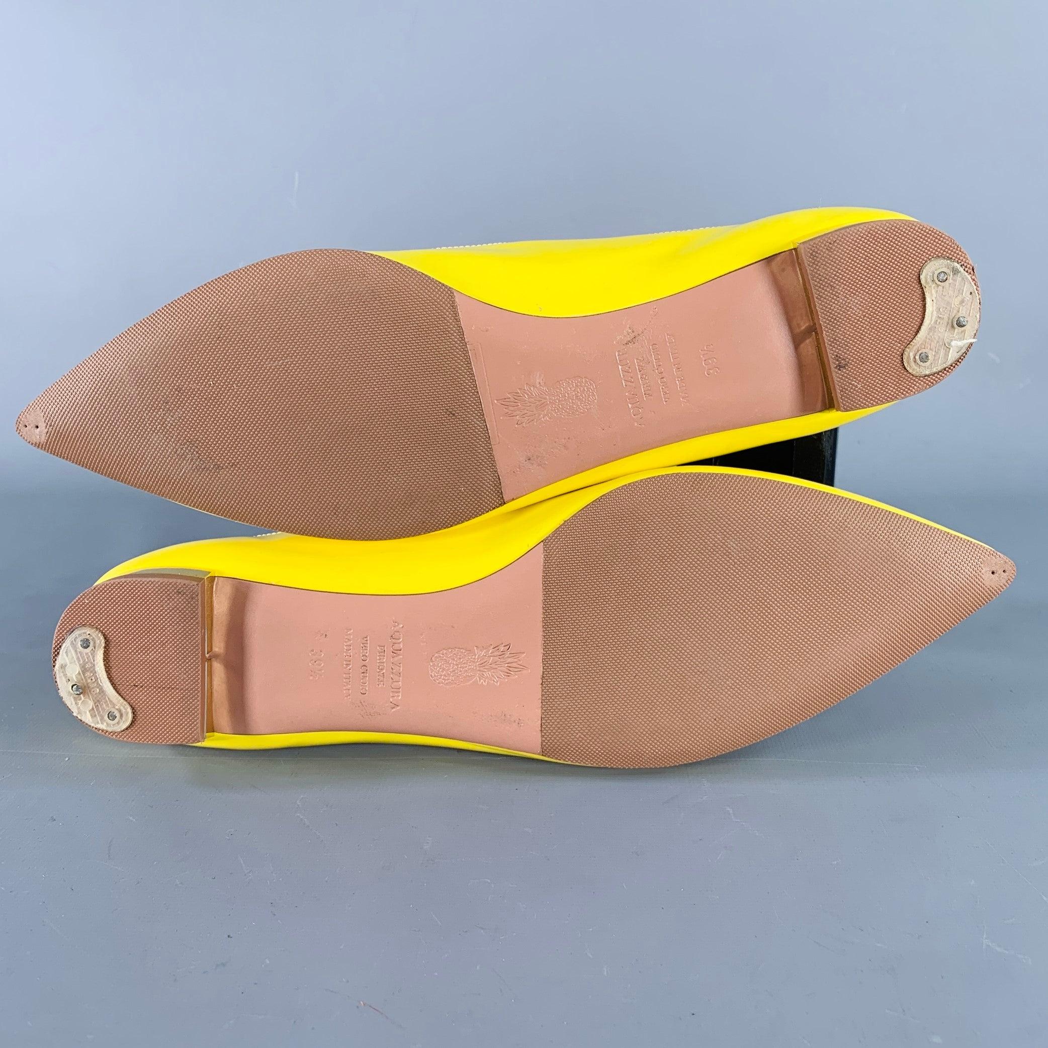 AQUAZZURA Size 9.5 Yellow Patent Leather Laced Pointed Toe Flats For Sale 2