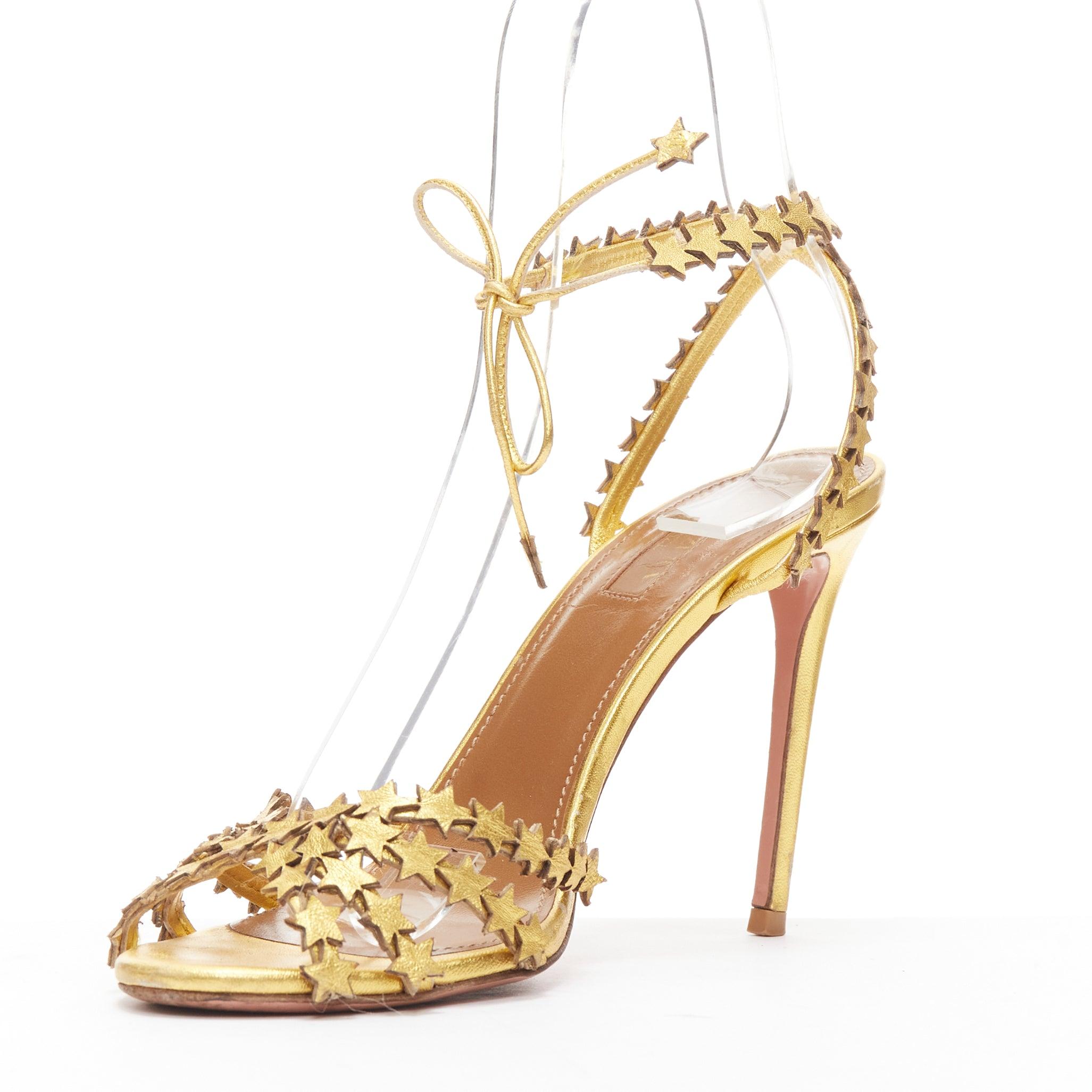 Women's AQUAZZURA Starlight 105 gold leather star cutout strappy sandal heel EU36.5