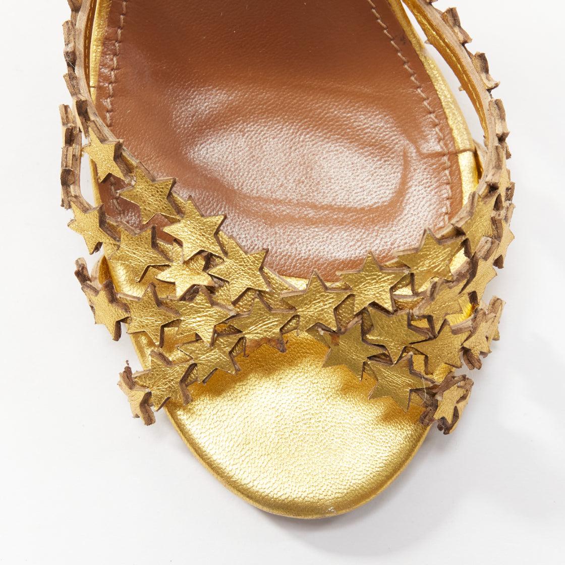 AQUAZZURA Starlight 105 gold leather star cutout strappy sandal heel EU36.5 2