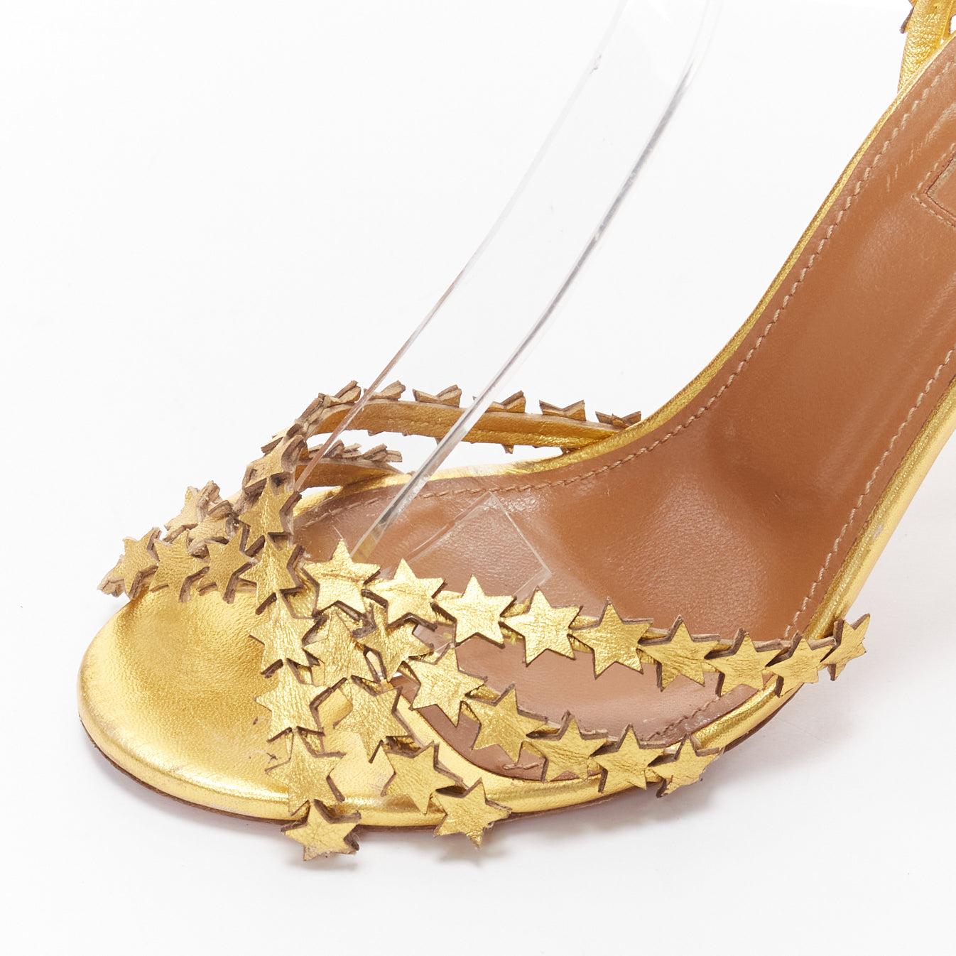 AQUAZZURA Starlight 105 gold leather star cutout strappy sandal heel EU36.5 3