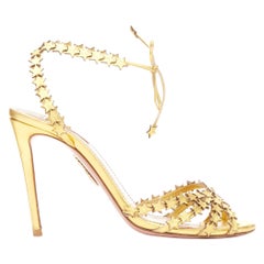AQUAZZURA Starlight 105 gold leather star cutout strappy sandal heel EU36.5