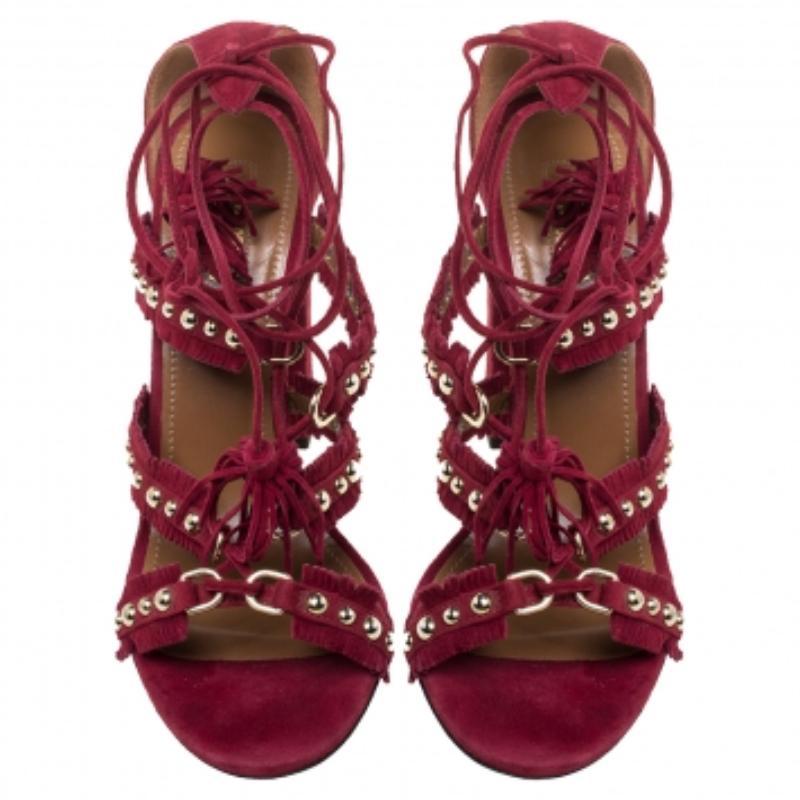 Aquazzura Suede Leather Tulum Fringe Detail Studded Ankle Wrap Sandals Size 38 In Good Condition For Sale In Dubai, Al Qouz 2