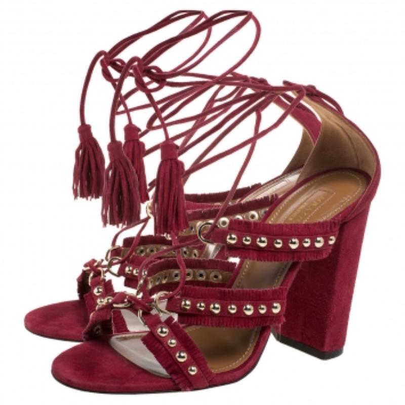 Aquazzura Suede Leather Tulum Fringe Detail Studded Ankle Wrap Sandals Size 38 For Sale 2