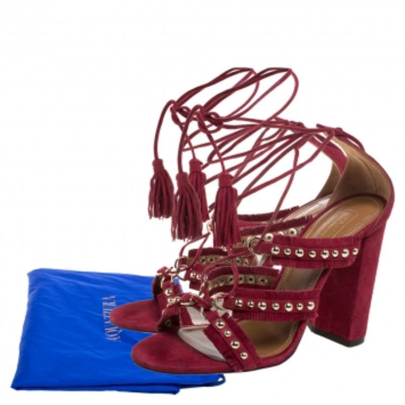 Aquazzura Suede Leather Tulum Fringe Detail Studded Ankle Wrap Sandals Size 38 For Sale 3