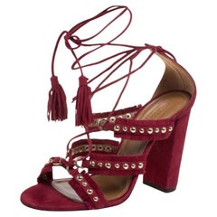 Aquazzura Suede Leather Tulum Fringe Detail Studded Ankle Wrap Sandals Size 38