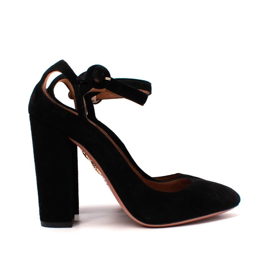Aquazzura Sweet Thing Black Suede Block Heel Pumps
 

 - Feminine ankle strap pump with teardrop shaped cut-outs on the ankle
 - Round toe
 - Suede covered block heel
 - Leather lining and sole
 

 

 Materials 
 100% Suede 
 100% Leather 
 

 Made