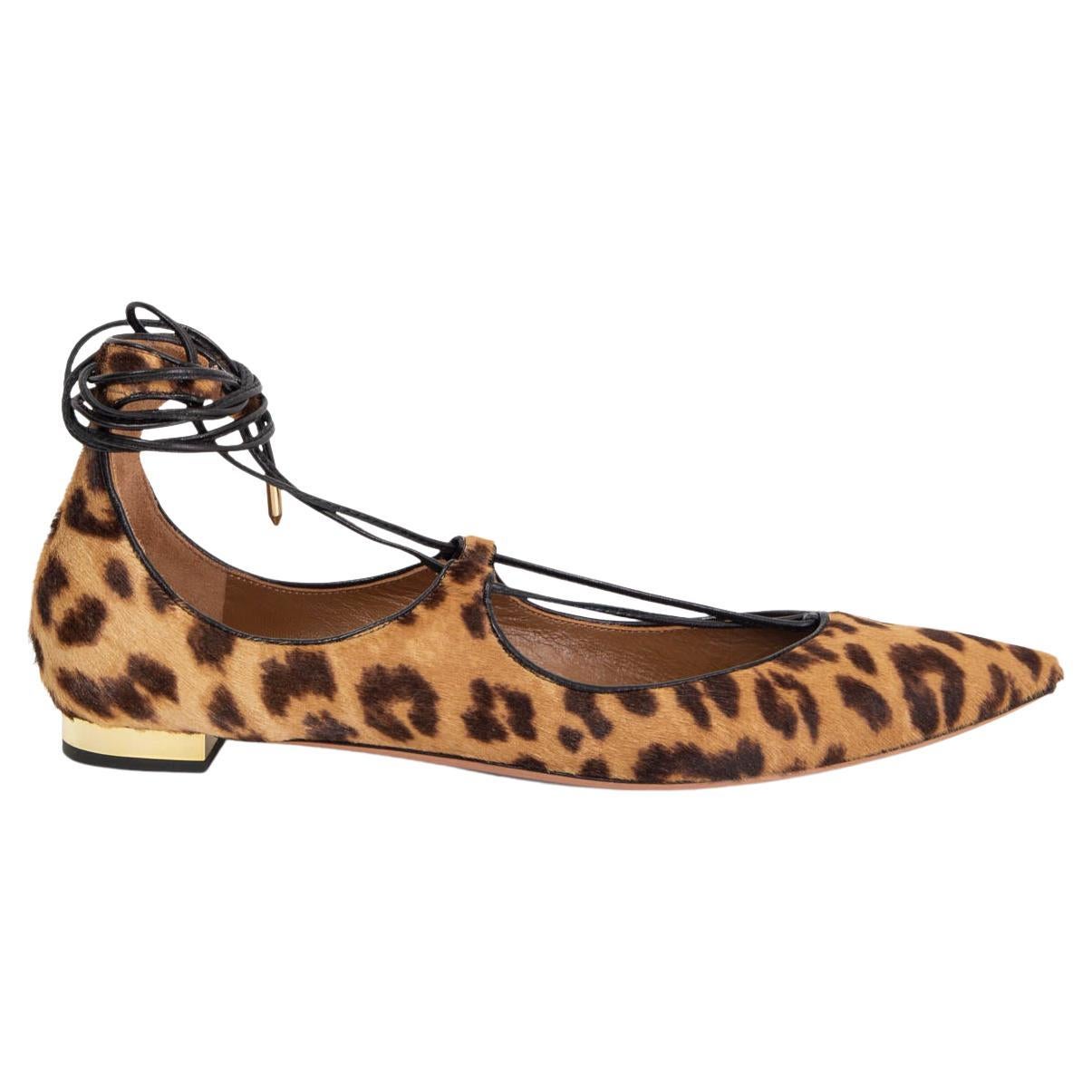 AQUAZZURA tan brown calf hair LEOPARD CHRISTY Ballet Flats Shoes 39.5 en vente