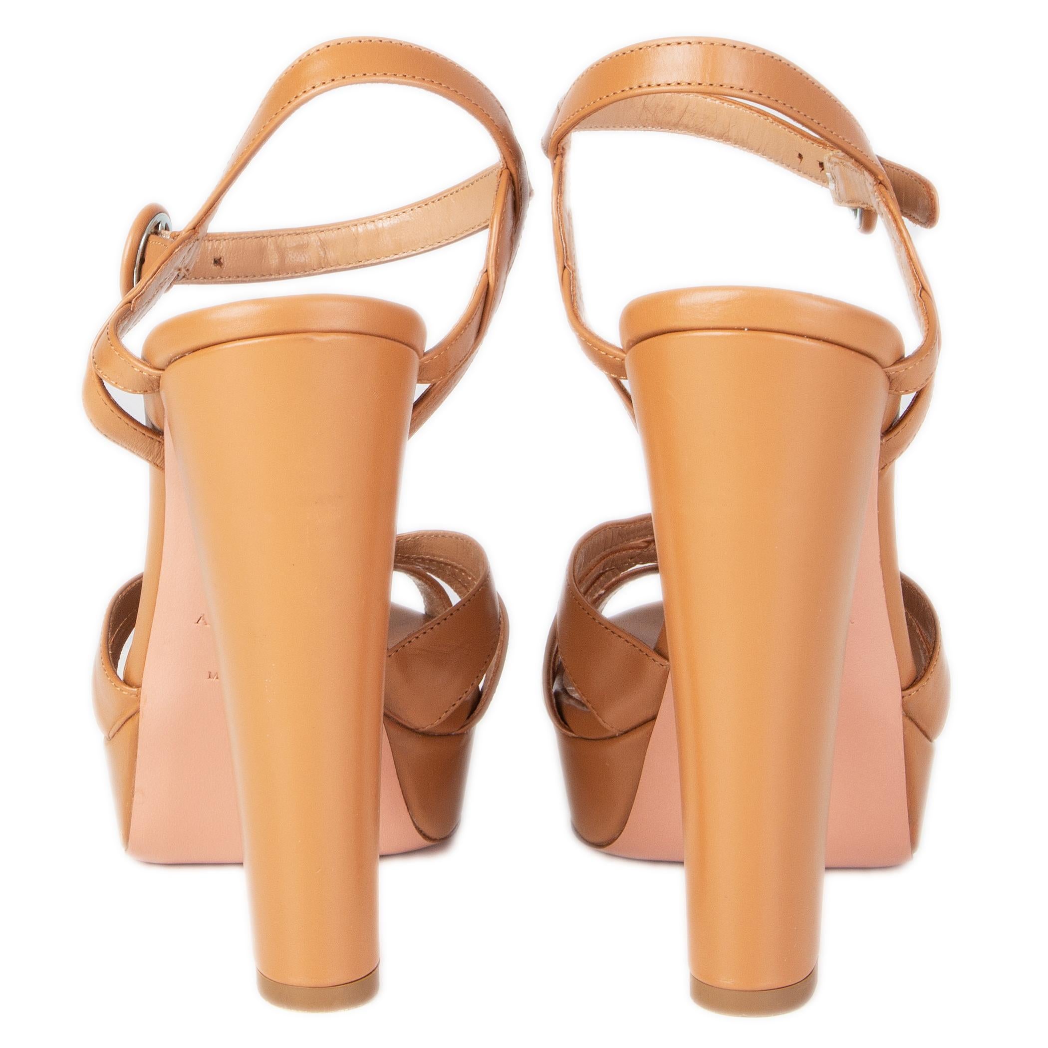 Orange AQUAZZURA tan leather BLOCK HEEL PLATFORM Sandals Shoes 37.5