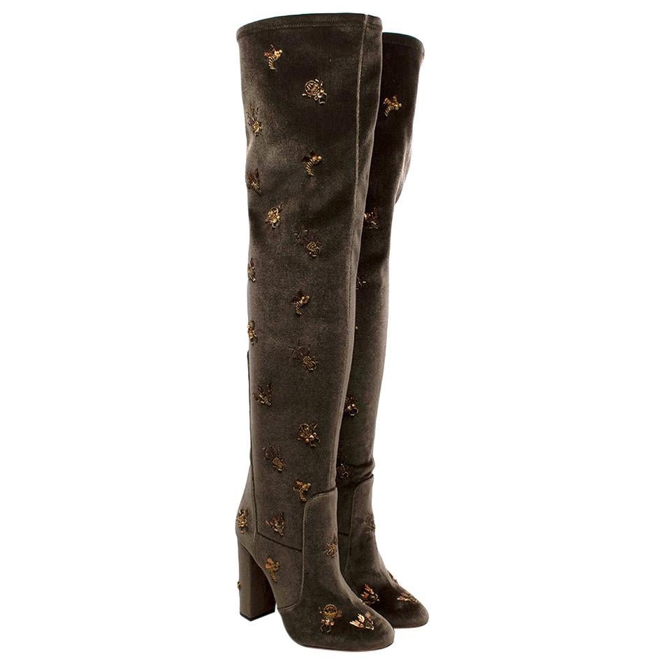 Aquazzura Taupe Velvet Gold Embroidered Thigh High Boots US9 For Sale