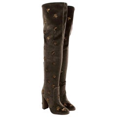 Aquazzura Taupe Velvet Gold Embroidered Thigh High Boots US9