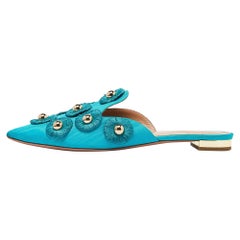 Aquazzura Torquise Fabric Embellished Flat Mules Size 38.5
