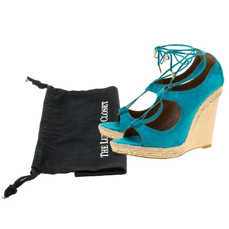 Aquazzura Turquoise Blue Suede Christie Wedge Espadrille Lace Up Open Toe Sandal In Excellent Condition In Dubai, Al Qouz 2