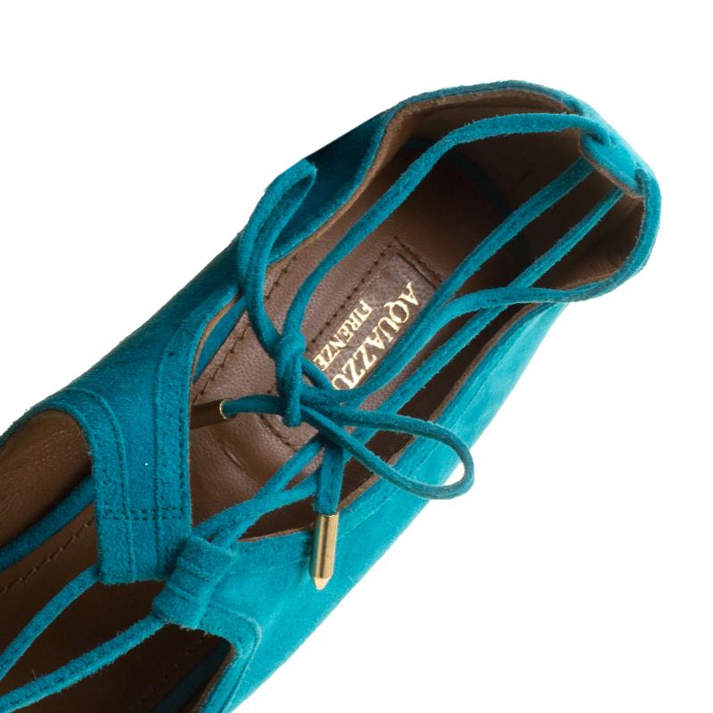 Women's Aquazzura Turquoise Blue Suede Christie Wedge Espadrille Lace Up Open Toe Sandal