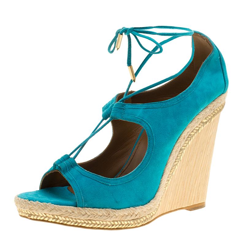 Aquazzura Turquoise Blue Suede Christie Wedge Espadrille Lace Up Open Toe Sandal