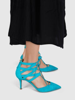 Aquazzura Turquoise Suede Cut Out Heels Size IT 38.5