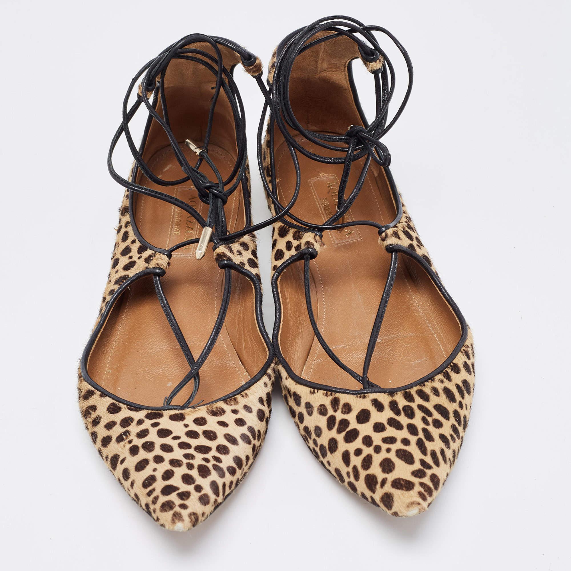 Brown Aquazzura Two Tone Leopard Print Calf Hair Sunshine Ankle Tie Flats Size 35 For Sale