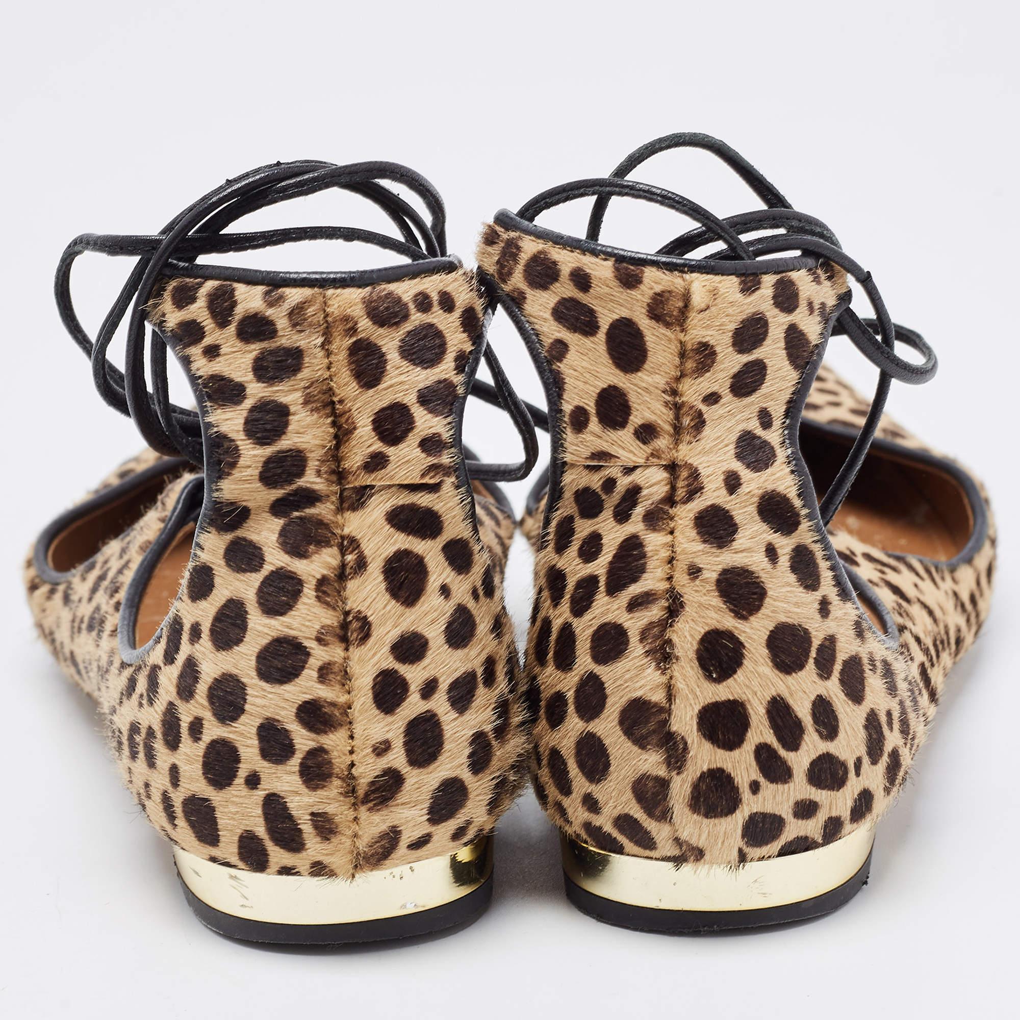 Women's Aquazzura Two Tone Leopard Print Calf Hair Sunshine Ankle Tie Flats Size 35 For Sale