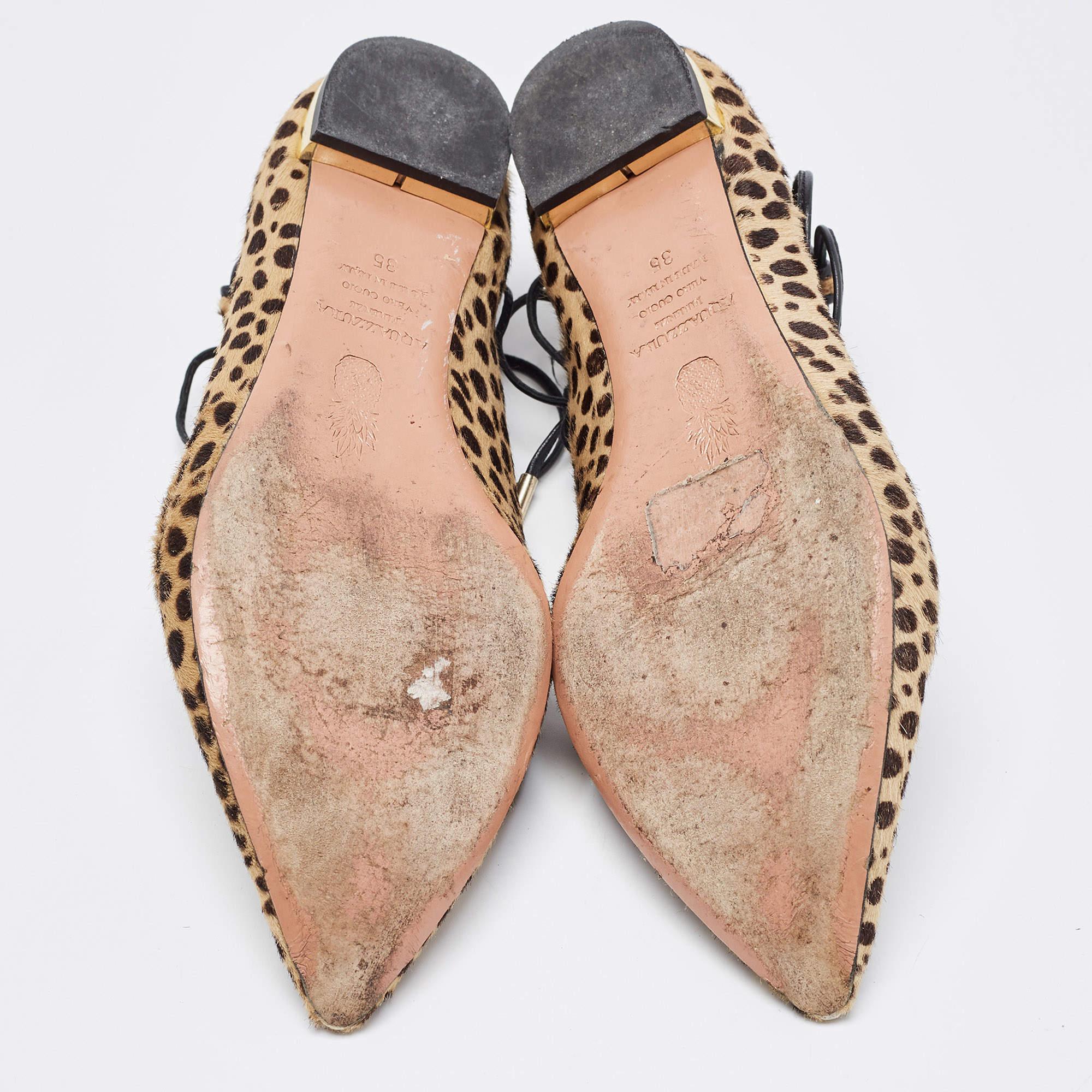 Aquazzura Two Tone Leopard Print Calf Hair Sunshine Ankle Tie Flats Size 35 For Sale 1