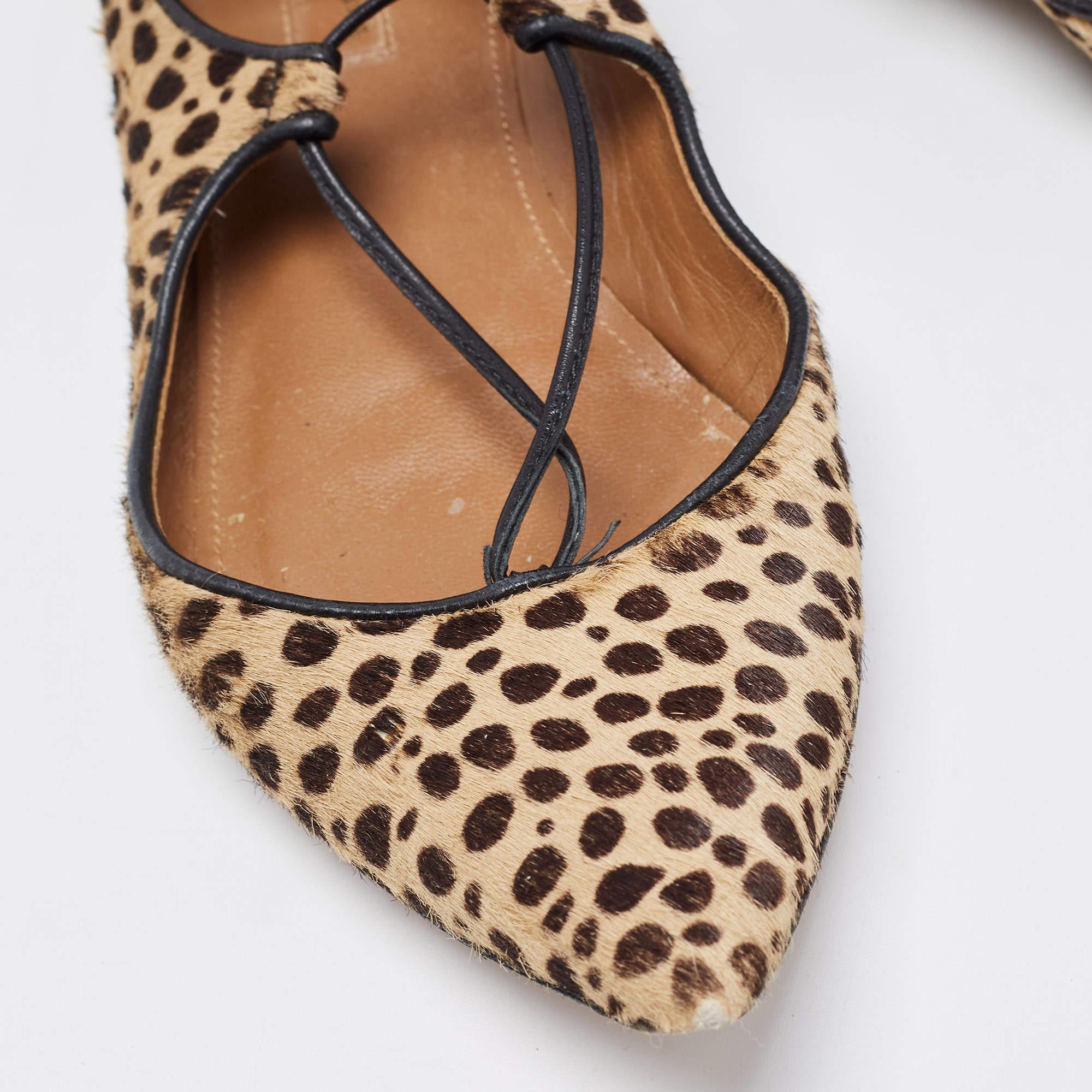 Aquazzura Two Tone Leopard Print Calf Hair Sunshine Ankle Tie Flats Size 35 For Sale 3