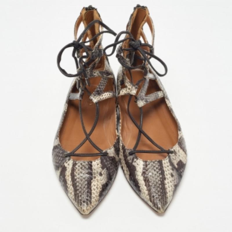 Aquazzura Two Tone Snakeskin Belgravia Ankle Tie Flats Size 36.5 en vente 1